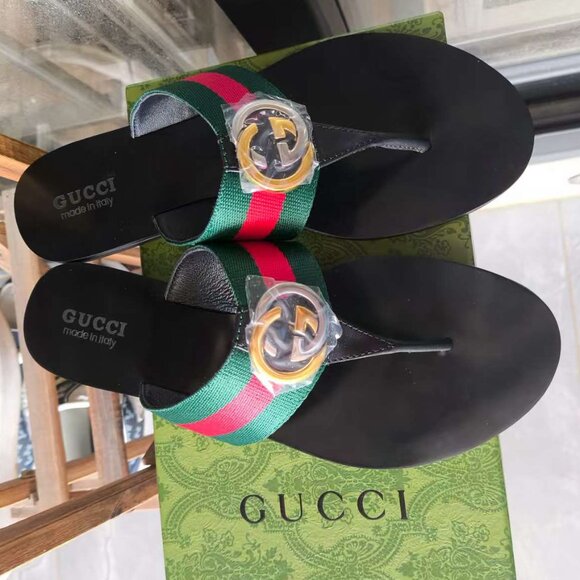 Gucci Black Sandals with Green and Red Straps - Picture 1 of 4